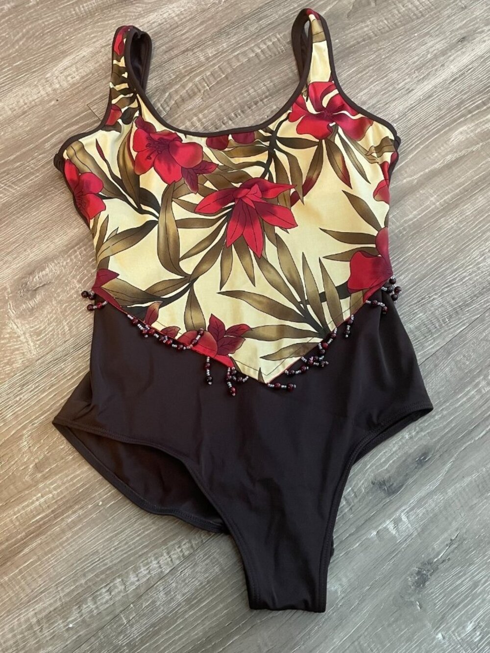 Suit Yourself Women's One Piece Swimsuit Size 16 Brown Bottom Floral Top